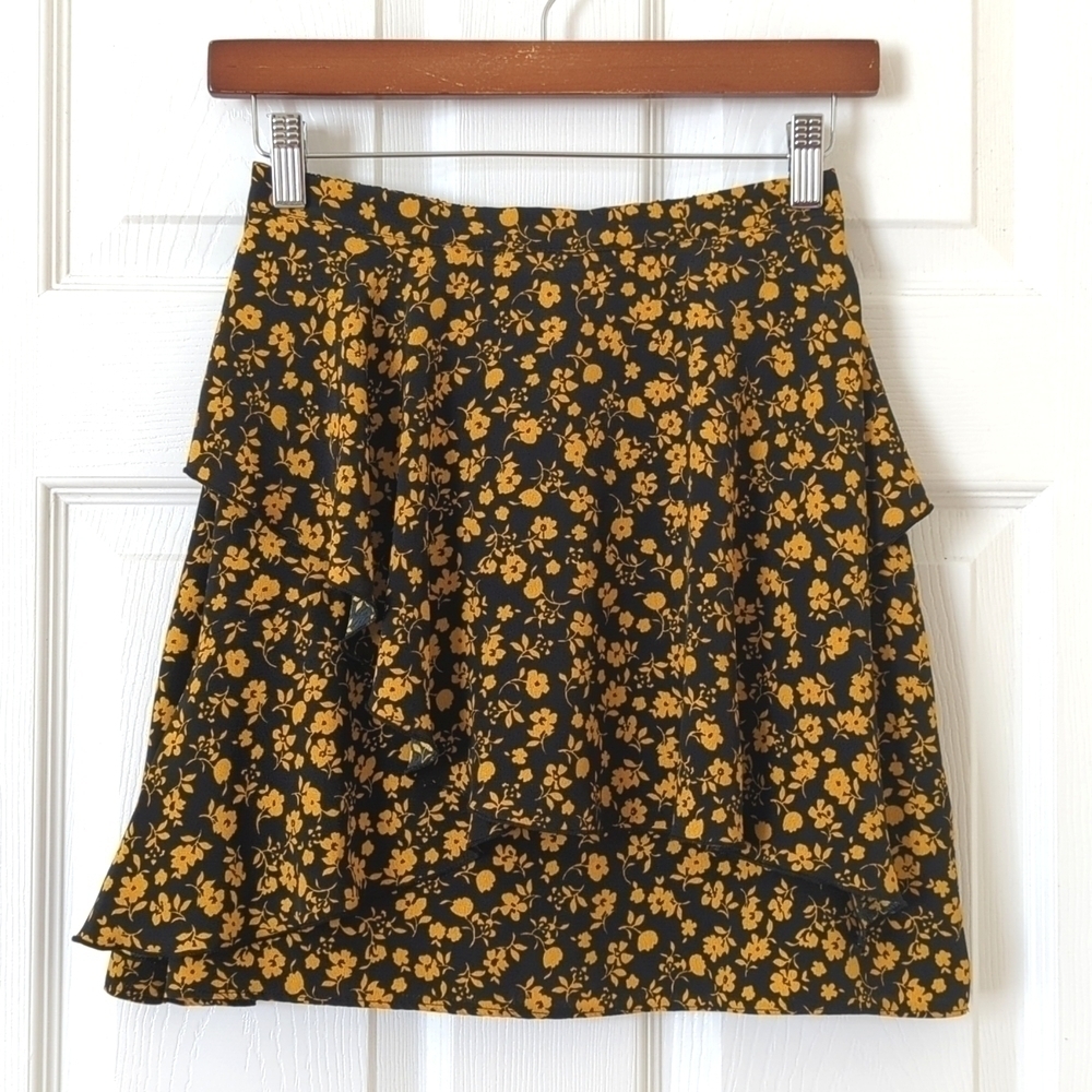 Topshop Floral Ruffle Layered High Waisted A-Line Mini Skirt Black Yellow Small